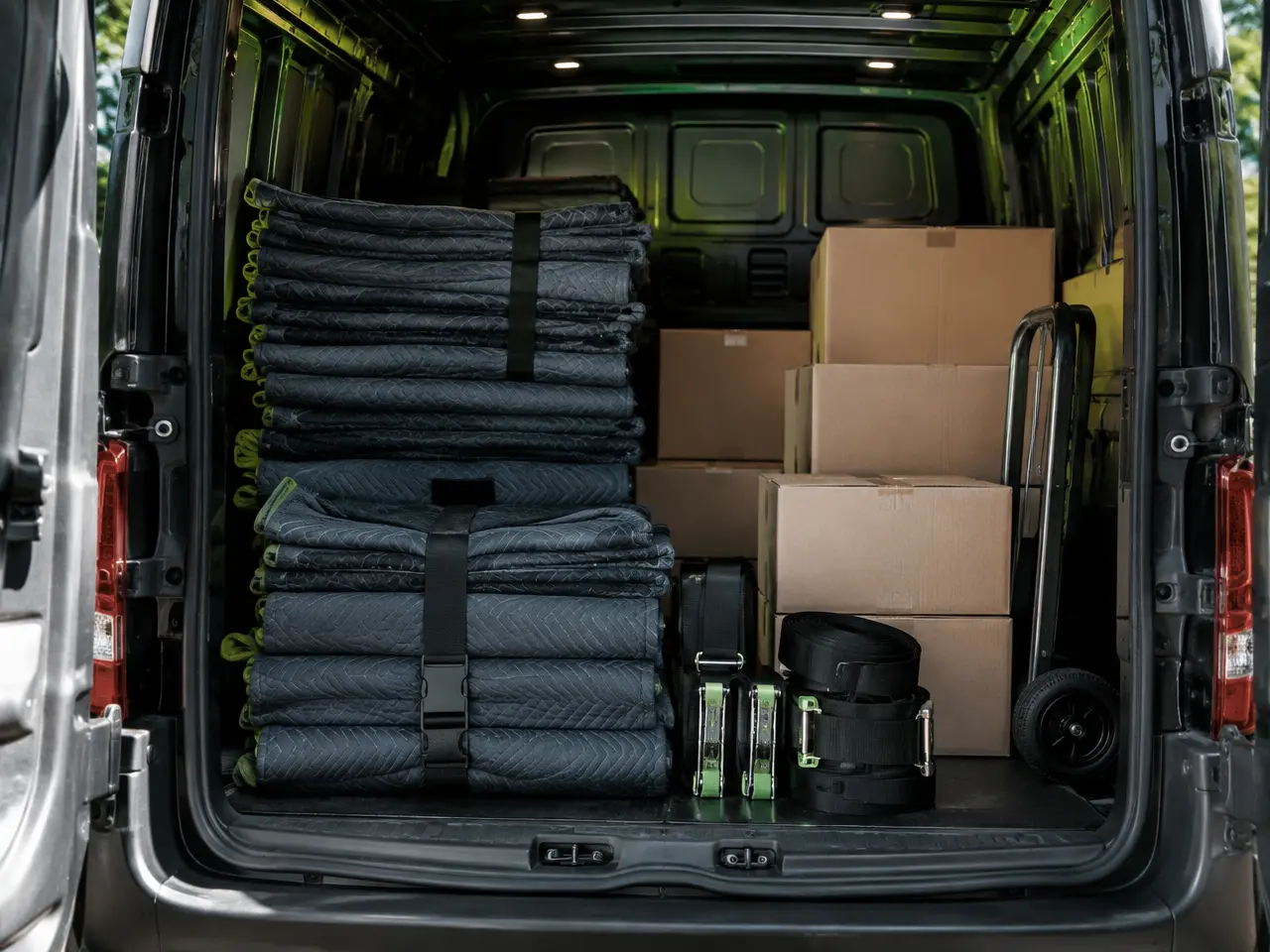 Moving blankets, straps and cardboard boxes loaded neatly into a removal van